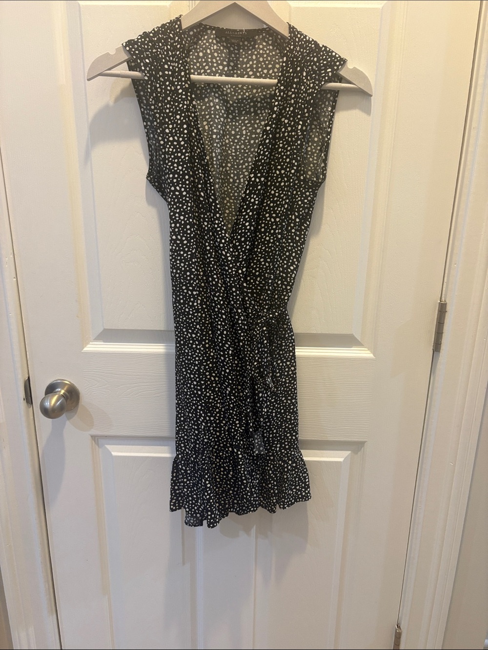 All Saints Black Mini Wrap Dress with White Dot Print ruffle him